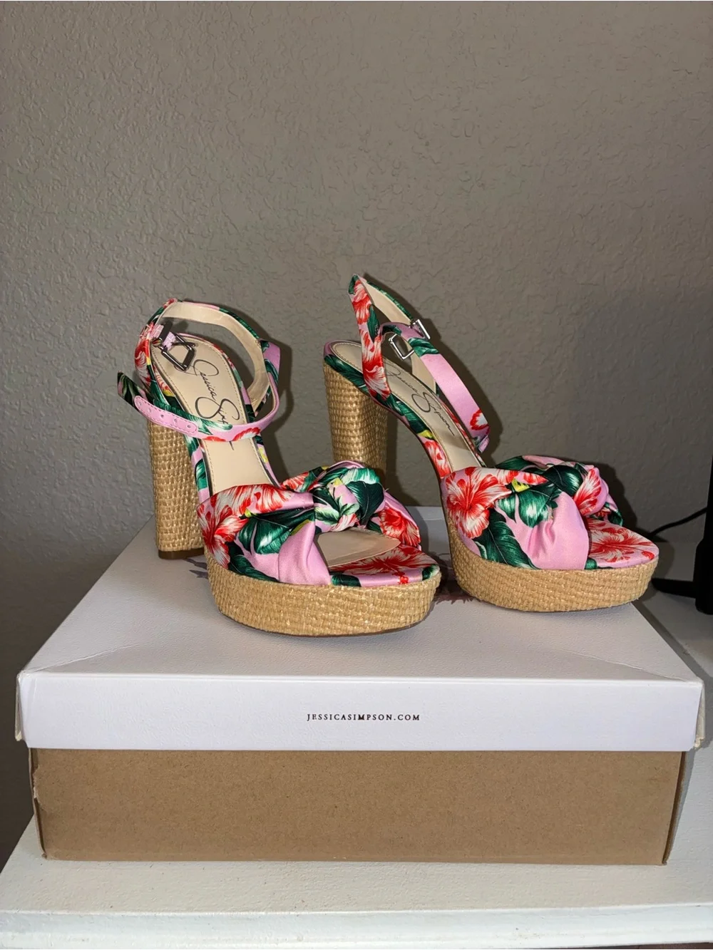 Jessica Simpson Pink Floral Woven Platform Sandals